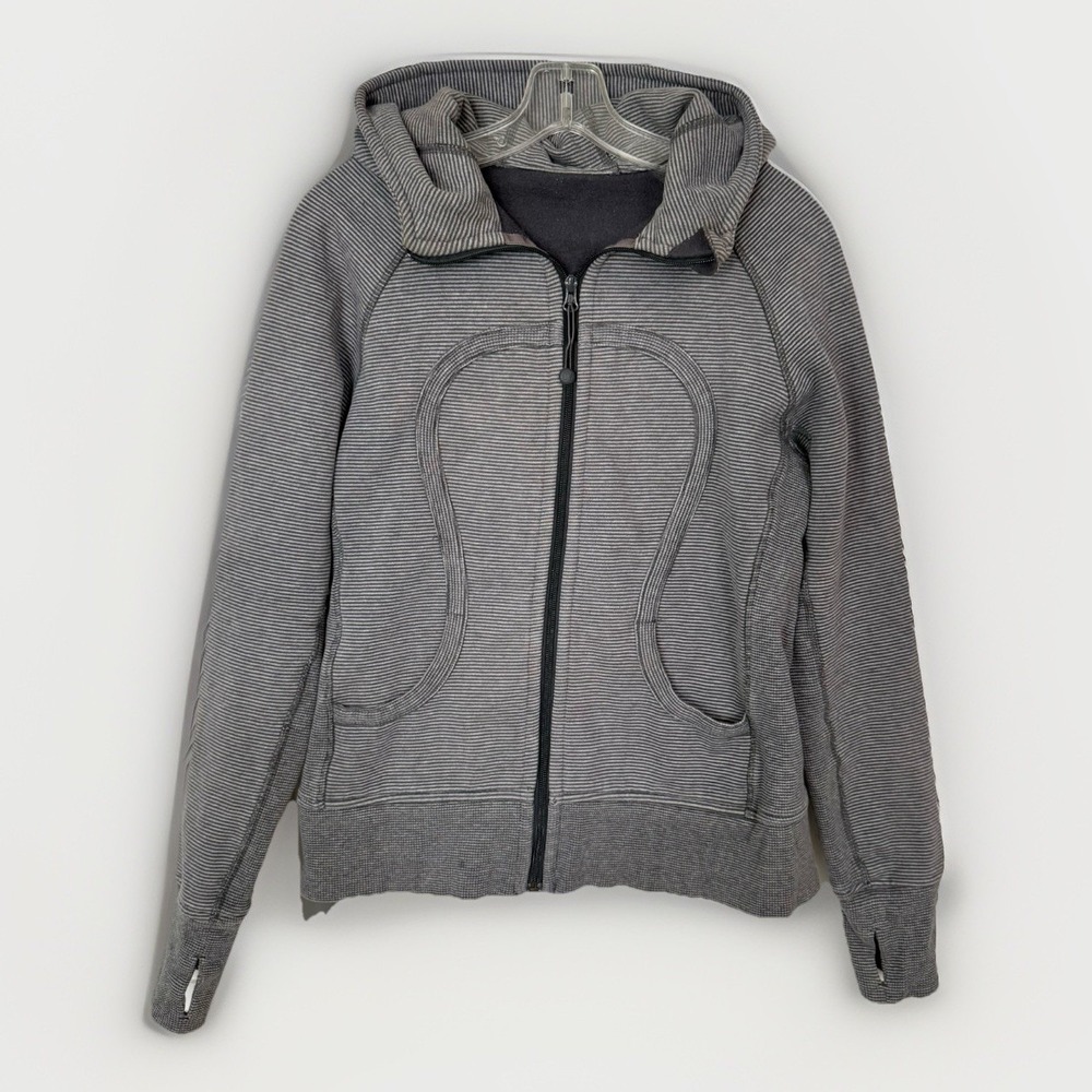Lululemon Scuba Hoodie Womens Size 10 Gray Stripe Full Zip Thick Fleece Jacket
